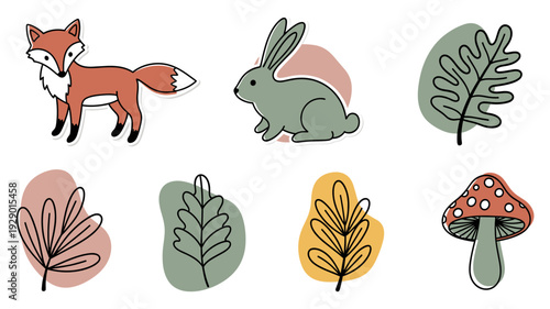 A charming collection of minimalist woodland creatures and botanical elements, featuring a fox, rabbit, various leaves, and a mushroom, perfect for nature-inspired designs.