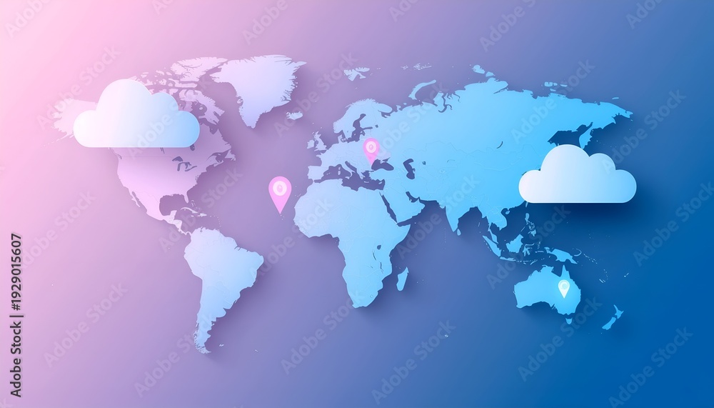 Fototapeta premium Global Connectivity Concept with Layered World Map, Cloud Computing, and Location Markers