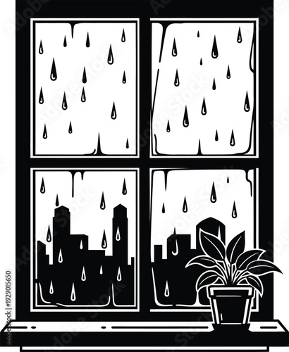 Rainy cityscape viewed through a dripping window with a potted plant on the sill, wqe (159) scene depicted