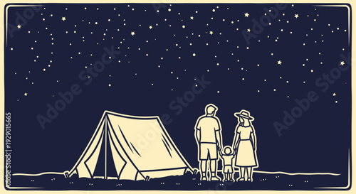 Family camping under a starry night sky outdoor adventure illustration