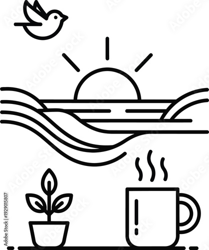 A serene sunrise scene with a bird flying over a cup of coffee and a potted plant on a table.