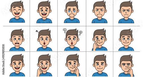 Various facial expressions of a young man in a blue shirt, emotions displayed.