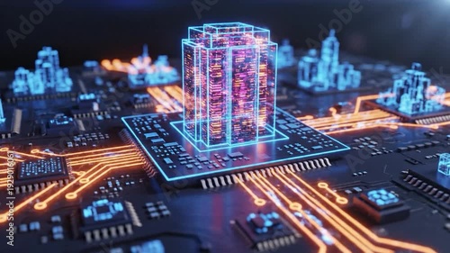Futuristic data center and circuit board with glowing connections digital technology concept