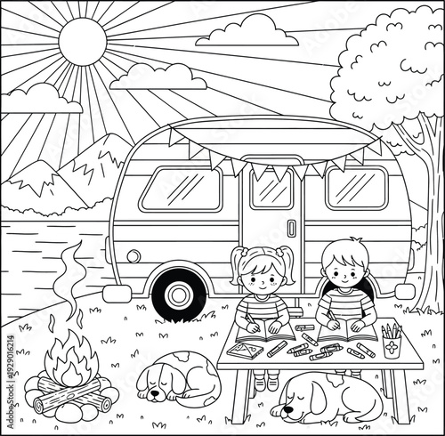 Children coloring outside campervan on sunny day with dog and campfire nearby wqe 167