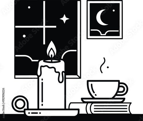 A serene nighttime scene with candle, coffee, and books by the window wqe ambiance