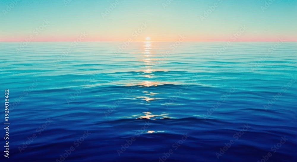 Obraz premium Serene ocean vista at sunrise with gentle waves reflecting sunlight and creating a tranquil