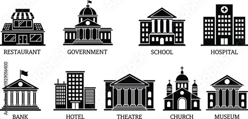 Black and white of various buildings including restaurant government school hospital bank hotel theatre church and museum