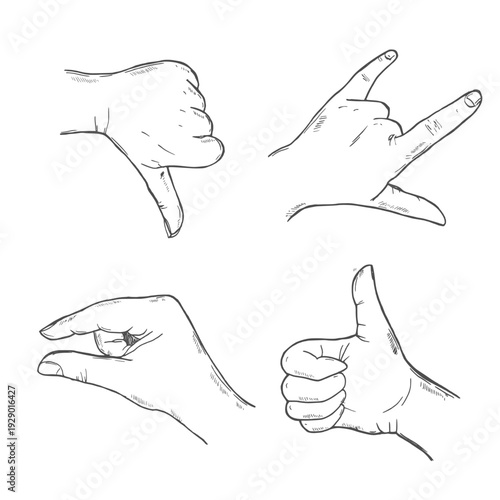 Illustration Hand drawn Set Human hand Action sketch ink style on white background.