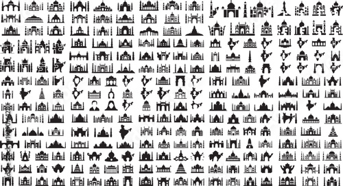 Collection of various Indian architecture and monument silhouettes in black on white background