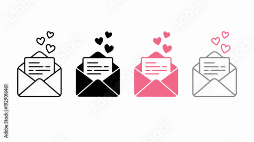 Romantic Love Letter Vector Icons with Hearts