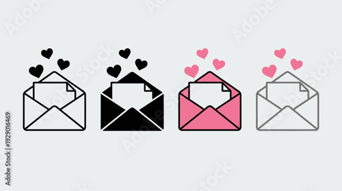 Romantic Love Letter Vector Icons with Hearts
