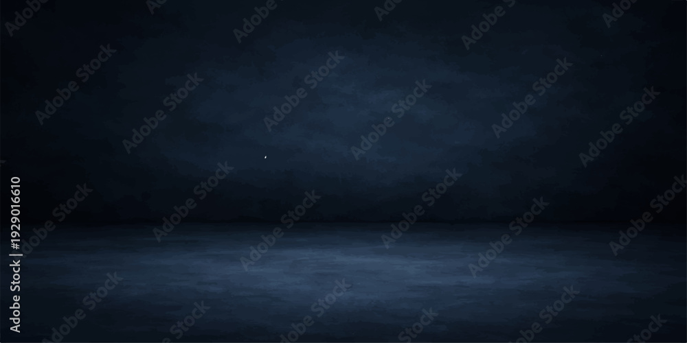 Fototapeta premium Empty dark blue grunge room featuring an old textured concrete wall and a vintage black stone floor pattern for a blank backdrop design