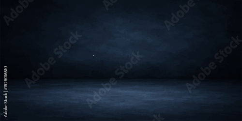 Empty dark blue grunge room featuring an old textured concrete wall and a vintage black stone floor pattern for a blank backdrop design