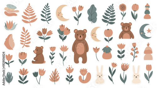 A charming collection of minimalist boho-style illustrations featuring cute bears, rabbits, moons, and various botanical elements perfect for children's designs and serene aesthetics.