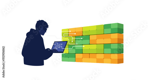 Cyber Hacker Bypassing Digital Firewall Security Barrier. Conceptual Illustration of Unauthorized Data Access and System Breach.