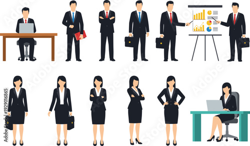 Business people in black suits and ties working in office settings with laptops and presentation charts