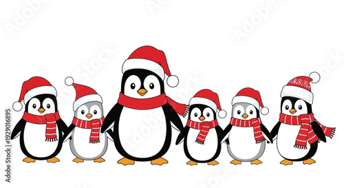 Adorable penguin family in festive Christmas hats and scarves