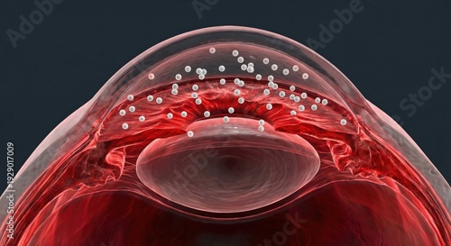 3D render of uveitis eye inflammation with white blood cells