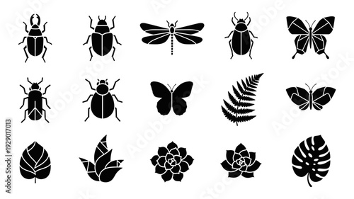 A captivating collection of minimalist black silhouette icons featuring various insects, butterflies, and diverse botanical elements, perfect for nature-themed designs.