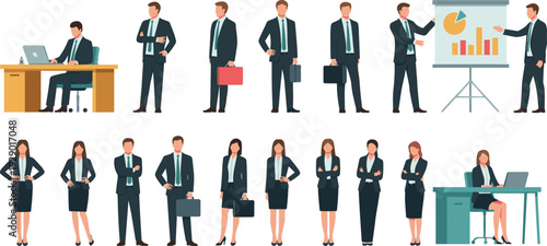 Group of business people in suits standing and working in an office environment with laptops and presentation charts