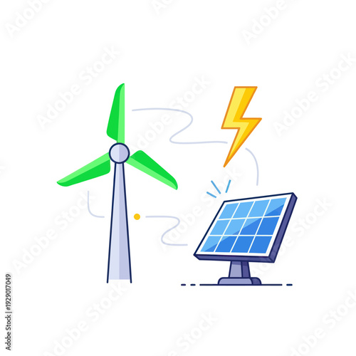 Wind turbine and solar panel generate clean renewable energy concept