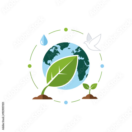 Planet Earth with growing leaf, sprout, water and dove
