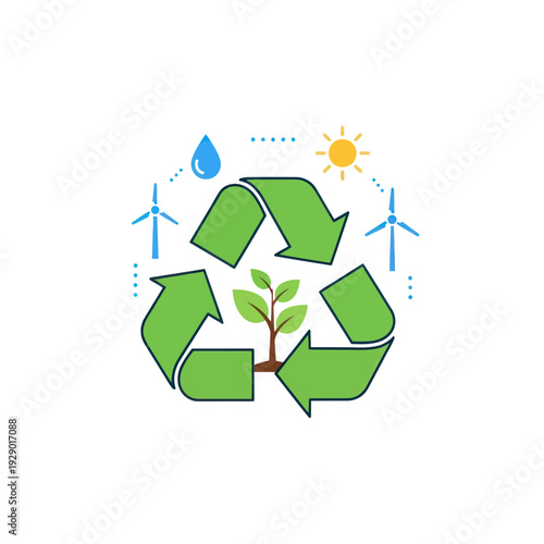 Recycling symbol with green energy and nature sustainability icons