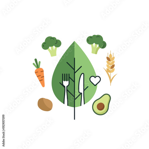 Healthy food icons surrounding a green leaf with cutlery