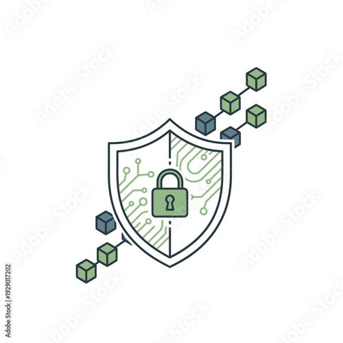 Digital security shield with padlock and blockchain network