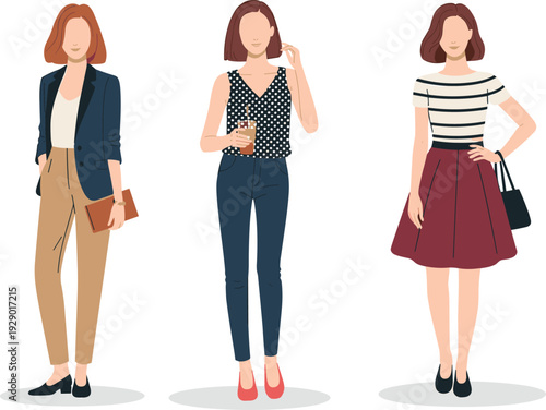 Three women in different stylish outfits standing with handbags and accessories fashion