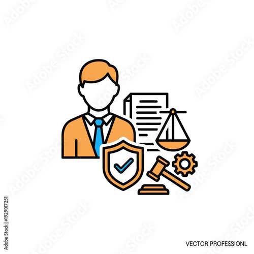 Legal professional with justice and protection icons illustration