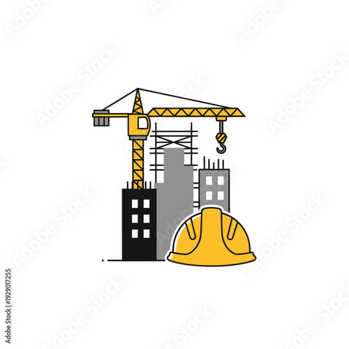 Urban building construction with crane and safety helmet
