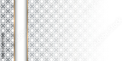 Gray and white gradient abstract background with simple modern Arabic ornamental pattern decoration. Minimalist Islamic concept design with luxurious and elegant vertical gold line decoration. EPS. 6