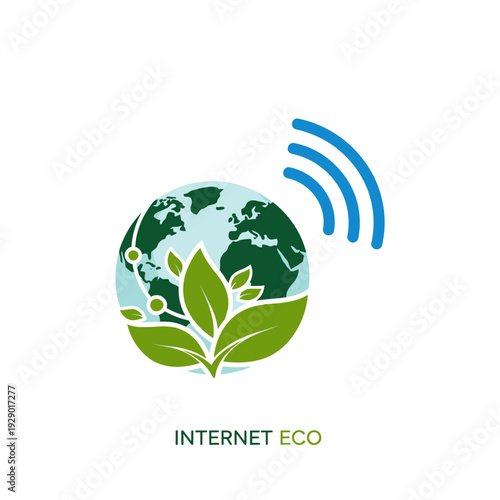 Global eco-friendly internet network with green leaves icon