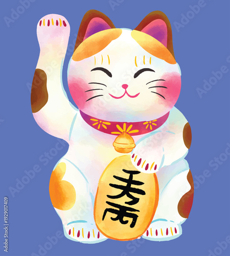cat with purple background hand drawn. Maneki neko. cat