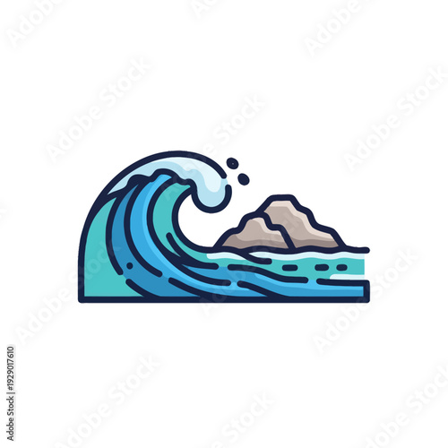 Blue ocean wave breaking near rocks illustration