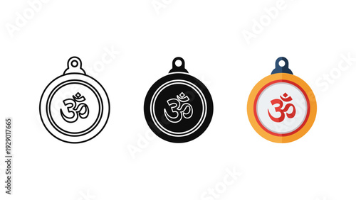 Om symbol pendants set in silver black and gold colors isolated on white background spiritual meditation jewelry