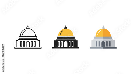 Three modern government building domes icons with golden tops flat design vector illustration isolated on white background