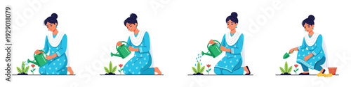 Woman tending flowers in traditional clothing