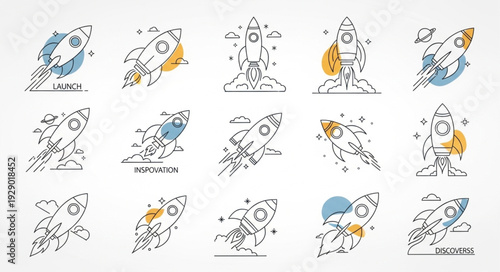 Collection of stylized rocket ship illustrations in various launch and flight poses.