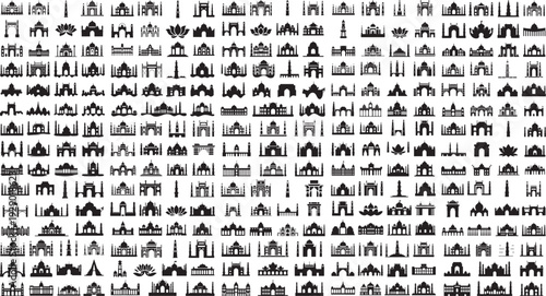 collection of various indian architecture icons in black silhouette on white background