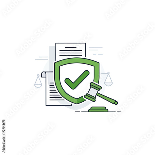 Shield with checkmark, gavel, and legal documents illustration