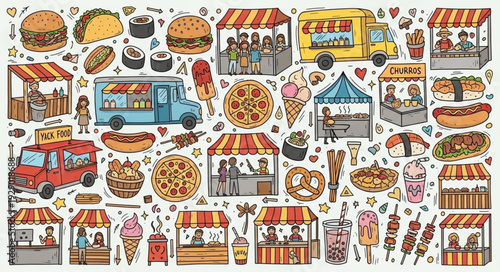 Collection of Street Food Stalls and Trucks Illustration.