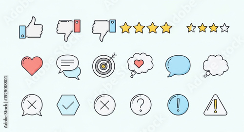 Collection of social media icons and symbols for feedback and rating.