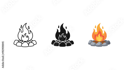 Three cartoon campfires burning with flames illustration minimalist design outdoor adventure camping vector artwork