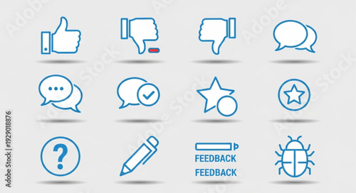Collection of social media and feedback icons in blue outline.