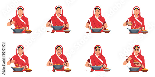 Indian woman cooking traditional food in various poses