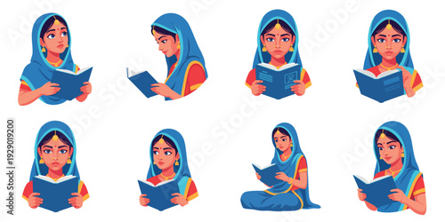 Indian woman reading books in various poses