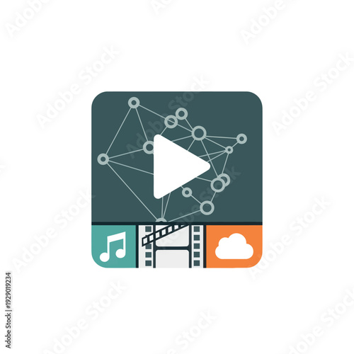 Multimedia content network with play button and cloud icon