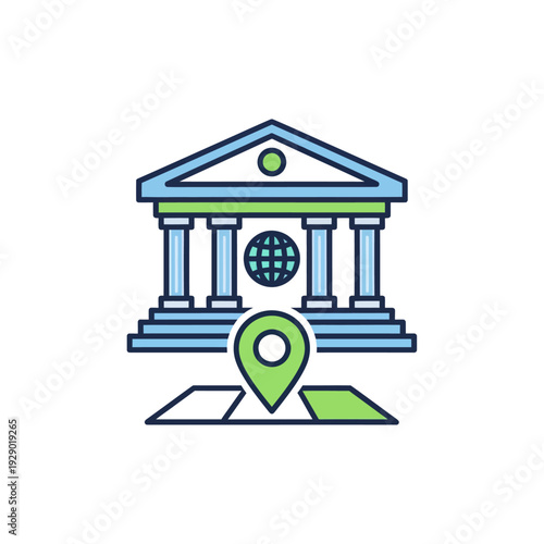 Bank location icon with global presence and map pin